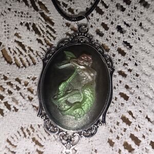 Mermaid Cameo In Silver Tone Metal Frame 16-18 Adjustable Cord Necklace